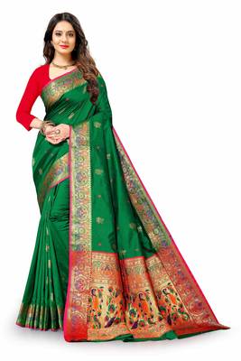 Green woven silk blend saree with blouse 2