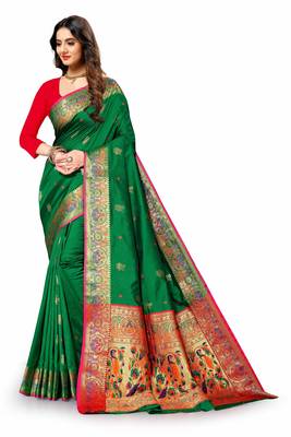 Green woven silk blend saree with blouse 4