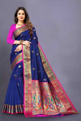 Blue woven silk blend saree with blouse 1