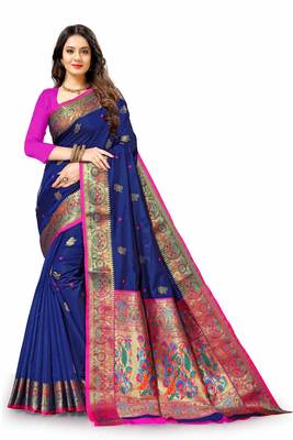 Blue woven silk blend saree with blouse 2