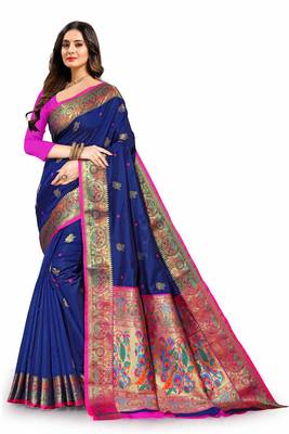 Blue woven silk blend saree with blouse 3