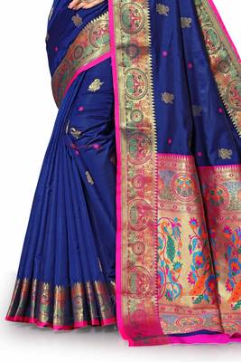 Blue woven silk blend saree with blouse 4