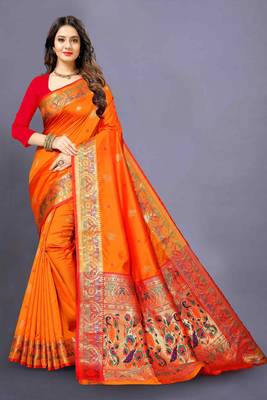 Orange woven silk blend saree with blouse 1