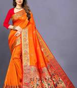 Orange woven silk blend saree with blouse