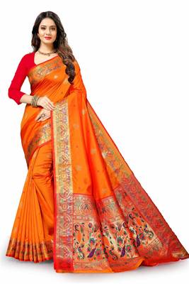 Orange woven silk blend saree with blouse 2
