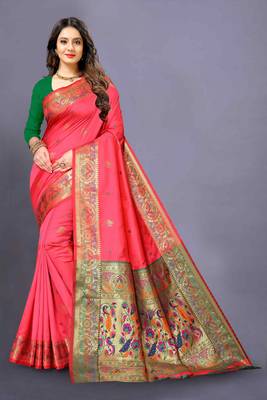 Peach woven silk blend saree with blouse 1