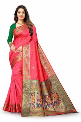 Peach woven silk blend saree with blouse 2