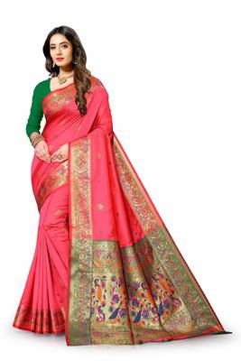 Peach woven silk blend saree with blouse 3