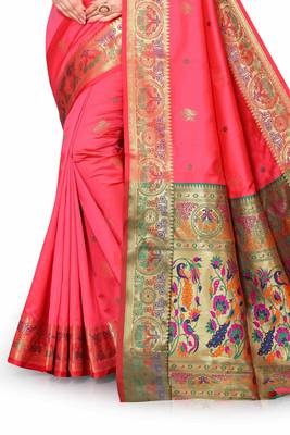 Peach woven silk blend saree with blouse 4