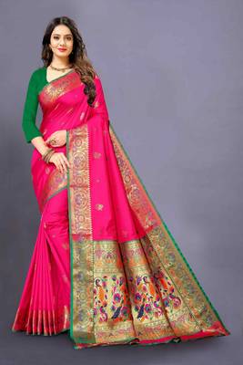 Pink woven silk blend saree with blouse 1