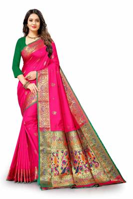 Pink woven silk blend saree with blouse 2