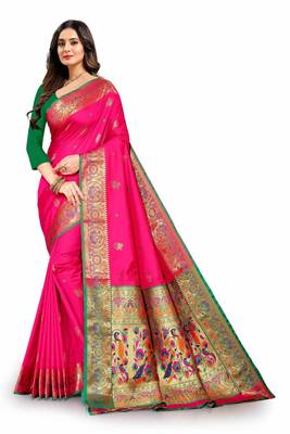 Pink woven silk blend saree with blouse 3