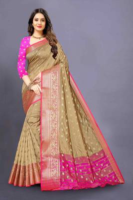 Cream woven silk blend saree with blouse 1