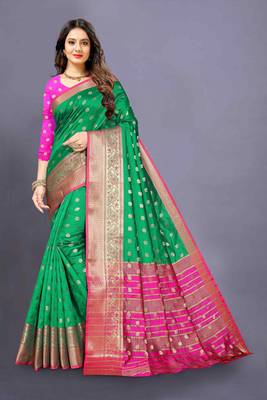 Green woven silk blend saree with blouse 1