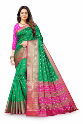 Green woven silk blend saree with blouse 2