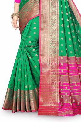 Green woven silk blend saree with blouse 3
