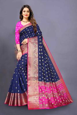 Blue woven silk blend saree with blouse 1