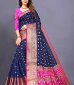 Blue woven silk blend saree with blouse