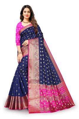 Blue woven silk blend saree with blouse 2