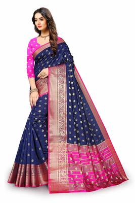 Blue woven silk blend saree with blouse 3