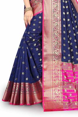 Blue woven silk blend saree with blouse 4