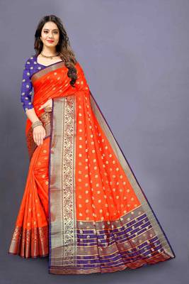 Orange woven silk blend saree with blouse 1