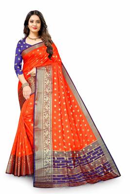 Orange woven silk blend saree with blouse 2