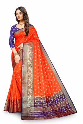 Orange woven silk blend saree with blouse 3