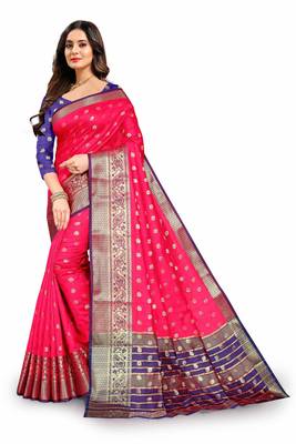 Pink woven silk blend saree with blouse 3