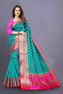 Green woven silk blend saree with blouse 1