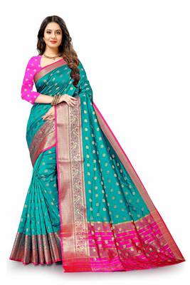 Green woven silk blend saree with blouse 2