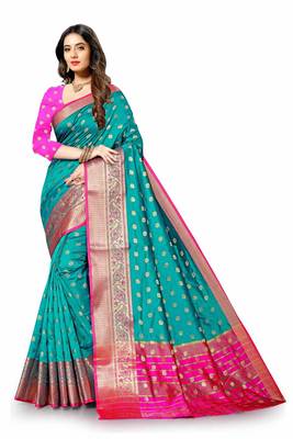 Green woven silk blend saree with blouse 3