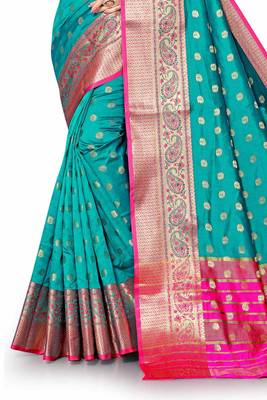 Green woven silk blend saree with blouse 4