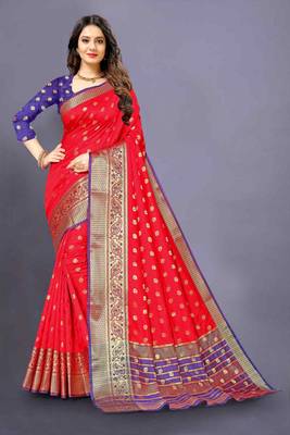 Red woven silk blend saree with blouse 1