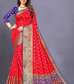 Red woven silk blend saree with blouse