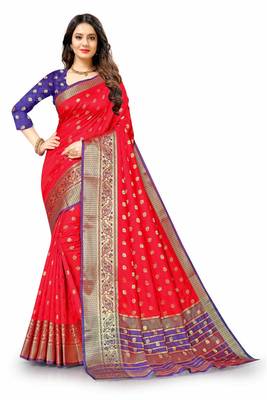 Red woven silk blend saree with blouse 2