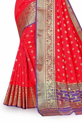 Red woven silk blend saree with blouse 3