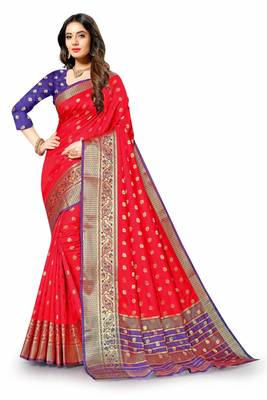 Red woven silk blend saree with blouse 4