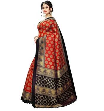 Red printed art silk saree with blouse 2