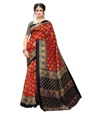 Red printed art silk saree with blouse 1