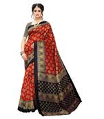 Red printed art silk saree with blouse