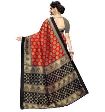 Red printed art silk saree with blouse 3