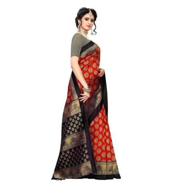 Red printed art silk saree with blouse 5