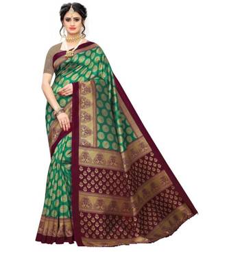Green printed art silk saree with blouse 2