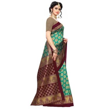 Green printed art silk saree with blouse 3