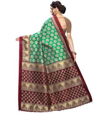 Green printed art silk saree with blouse 4