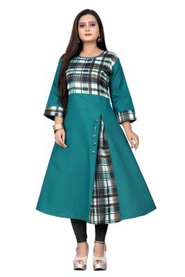 Teal printed cotton kurti 1