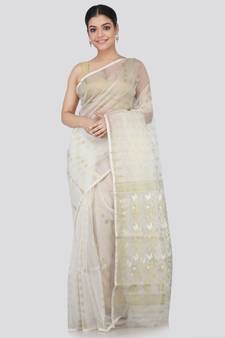 White Silk Blend Hand Woven Saree Without Blouse