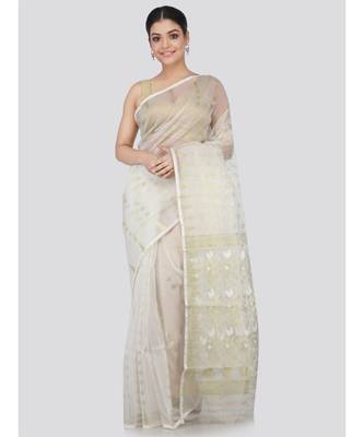 White Silk Blend Hand Woven Saree Without Blouse 1