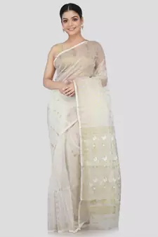 White Silk Blend Hand Woven Saree Without Blouse